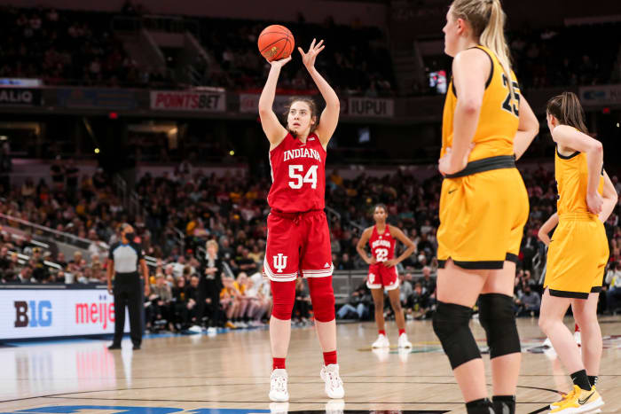 Mackenzie Holmes shoots a free throw in Indiana's Big Ten Tournament game versus Iowa.